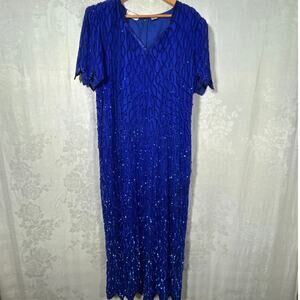 Vintage Maxi Dress 2X Royal Blue 100% Silk Sequined Laurence Kazar Dynasty